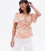 New Look Orange Floral Frill Tie Front Blouse